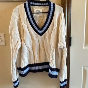 Aerie Cable Knit Sweater Small Oversized Stripe Trim Preppy Slouchy